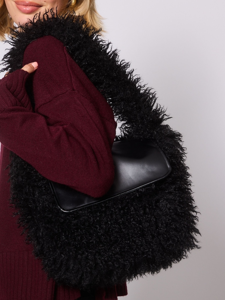 South Beach Black Faux Mongolian Fur Shoulder Bag - Image 2 of 11 South Beach Black Faux Mongolian Fur Shoulder Bag - Image 2 of 11