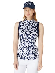 Callaway Apparel Blue Abstract Floral Print Sleeveless Polo Shirt - Image 3 of 6