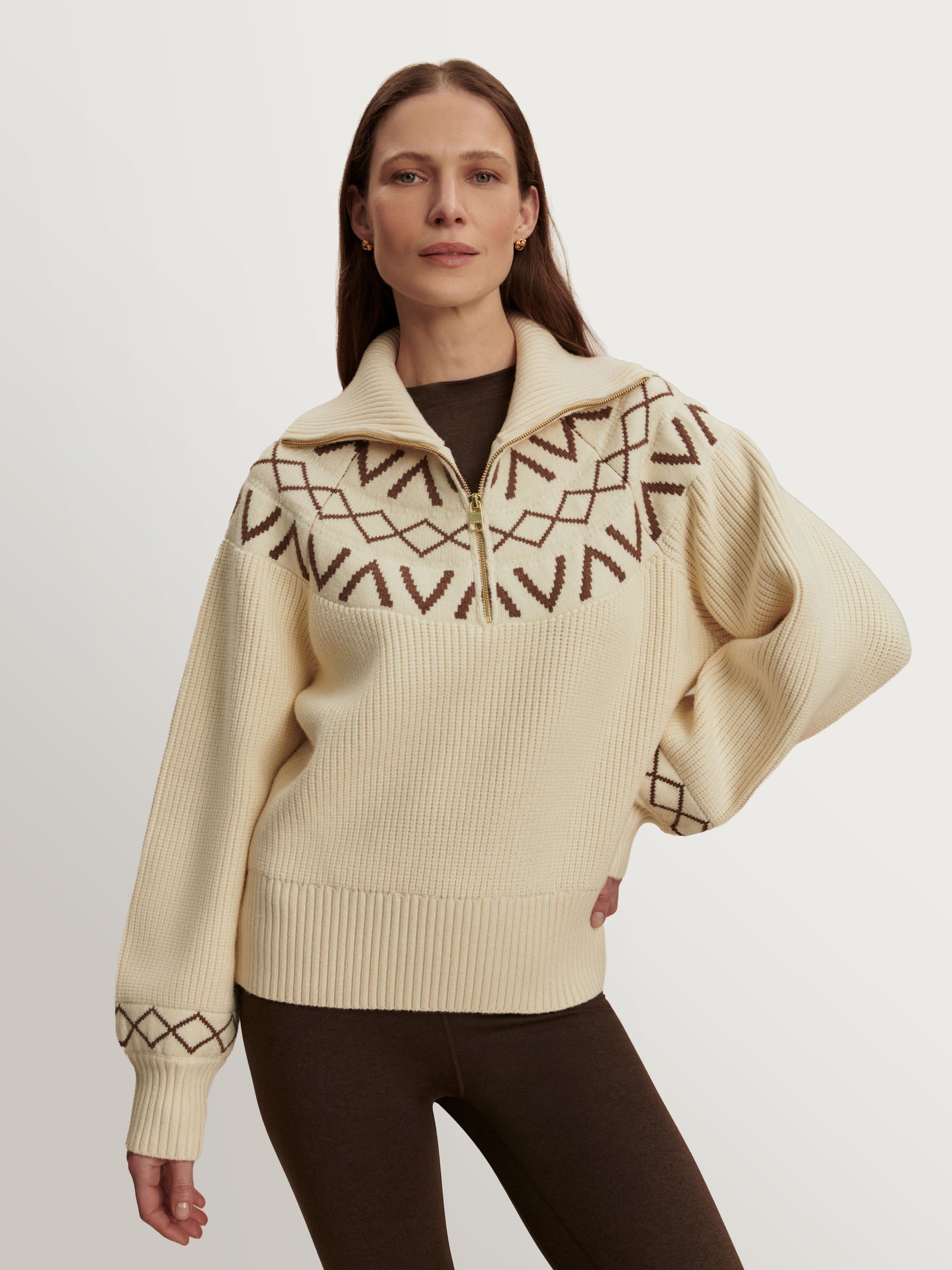 Varley Whitecap Grey Sigrid Fairisle Half Zip Knit Jumper | Seasons