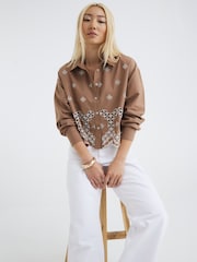 River Island Brown Cropped Broderie Shirt - Image 1 of 4