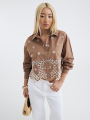 River Island Brown Cropped Broderie Shirt - Image 2 of 4