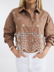 River Island Brown Cropped Broderie Shirt - Image 4 of 4