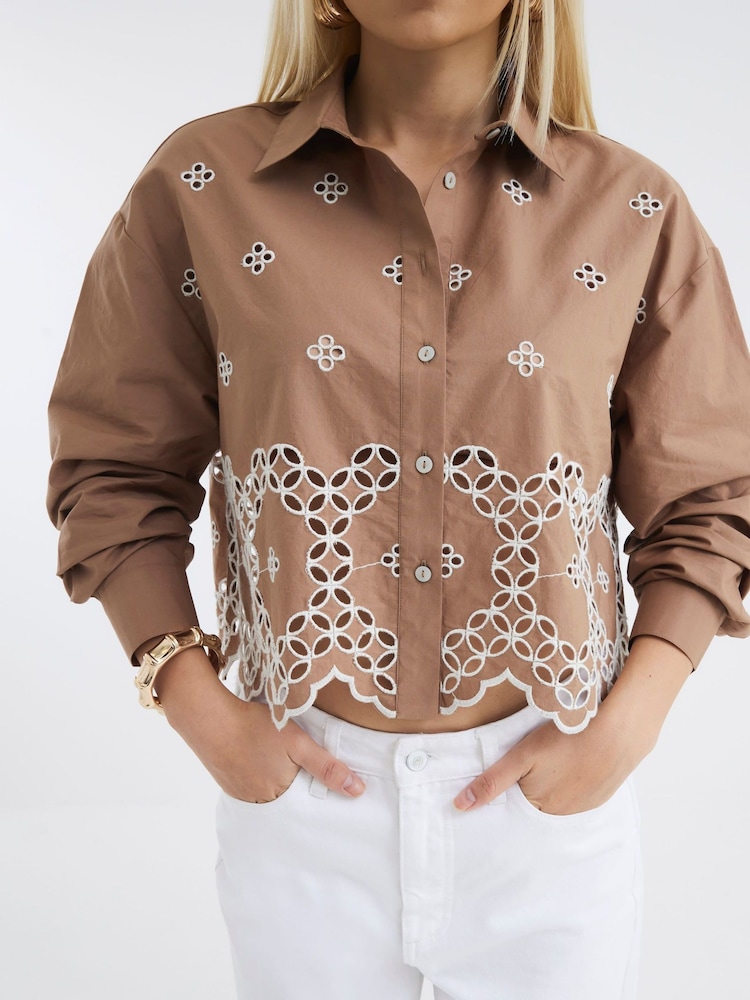 River Island Brown Cropped Broderie Shirt - Image 4 of 4