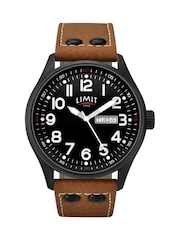 Limit Pilot 43mm Mens Round Black Analogue Watch with Tan Strap - Image 1 of 4