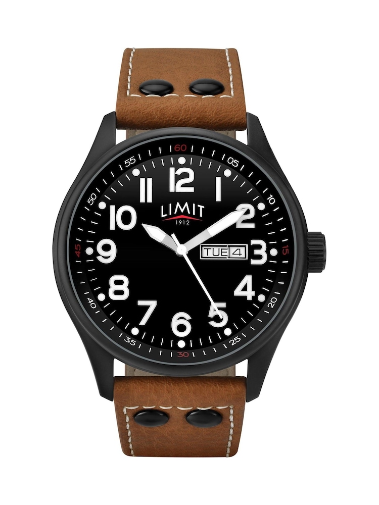 Limit Pilot 43mm Mens Round Black Analogue Watch with Tan Strap - Image 1 of 4