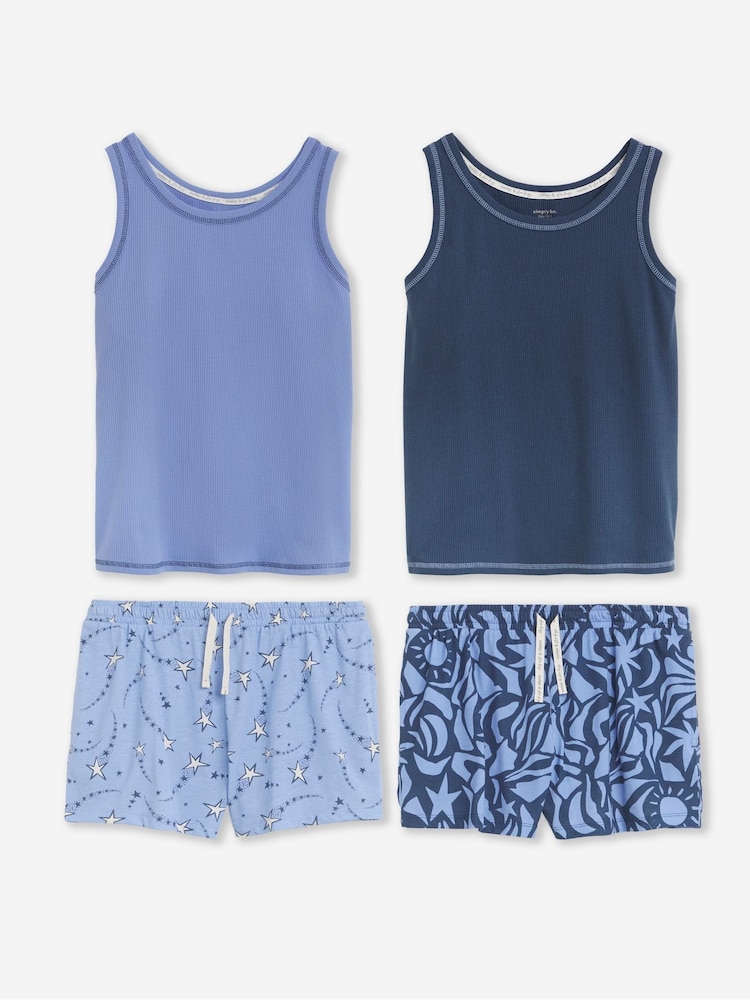 Simply Be Blue 2 Pack Ribbed Vest Pyjamas Set - Image 1 of 5