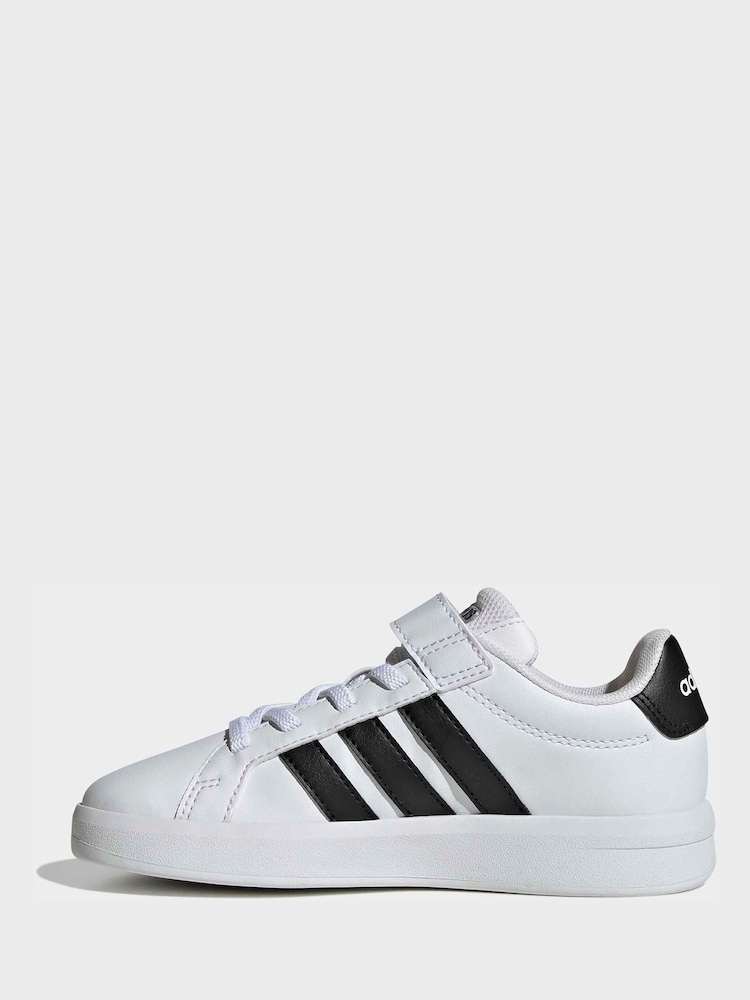 adidas White/Black Grand Court 3.0 Elastic Lace Kids Trainers - Image 2 of 9