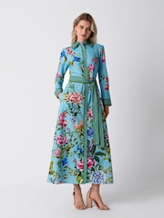 Raishma Blue Olea Tie Waist Floral Print Midi Dress - Image 1 of 3