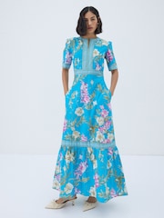 Raishma Blue Darcie Tailored Puff Sleeve Floral Print Maxi Dress - Image 1 of 3