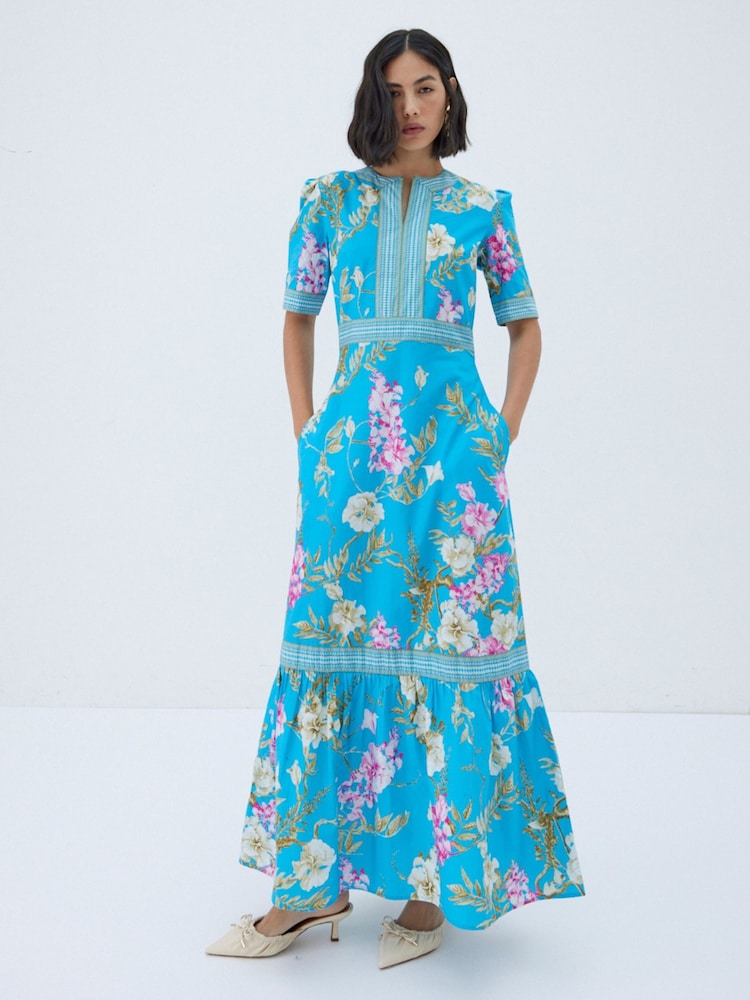 Raishma Blue Darcie Tailored Puff Sleeve Floral Print Maxi Dress - Image 1 of 3