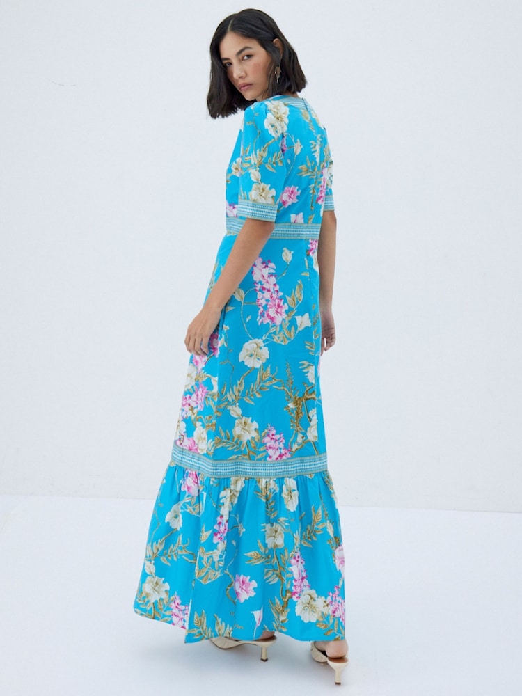 Raishma Blue Darcie Tailored Puff Sleeve Floral Print Maxi Dress - Image 2 of 3