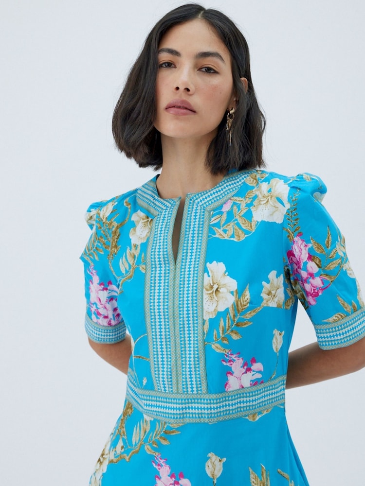 Raishma Blue Darcie Tailored Puff Sleeve Floral Print Maxi Dress - Image 3 of 3