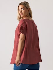 Yours Curve Orange Cheesecloth Crochet Keyhole Top - Image 1 of 5
