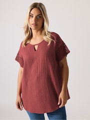 Yours Curve Orange Cheesecloth Crochet Keyhole Top - Image 2 of 5