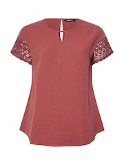 Yours Curve Orange Cheesecloth Crochet Keyhole Top - Image 5 of 5