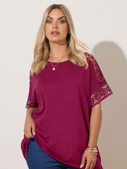 Yours Curve Pink Boxy Crochet Insert T-Shirt - Image 1 of 5
