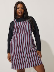 Yours Curve Blue Limited Stripe Denim Pinafore Dress - Image 1 of 5