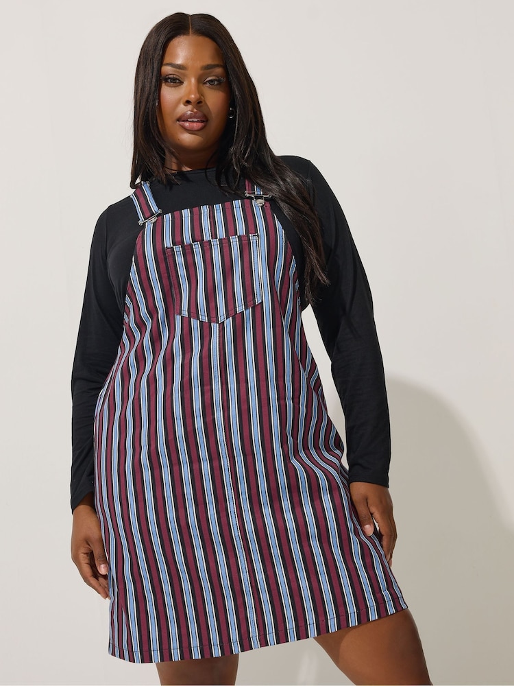 Yours Curve Blue Limited Stripe Denim Pinafore Dress - Image 1 of 5