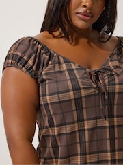 Yours Curve Brown Limited Check Keyhole Mini Dress - Image 4 of 5