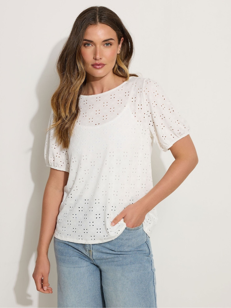 Long Tall Sally Natural Broiderie Puff Sleeve Top - Image 1 of 6