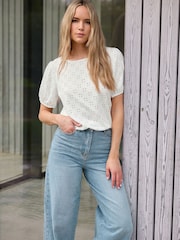 Long Tall Sally Natural Broiderie Puff Sleeve Top - Image 4 of 6