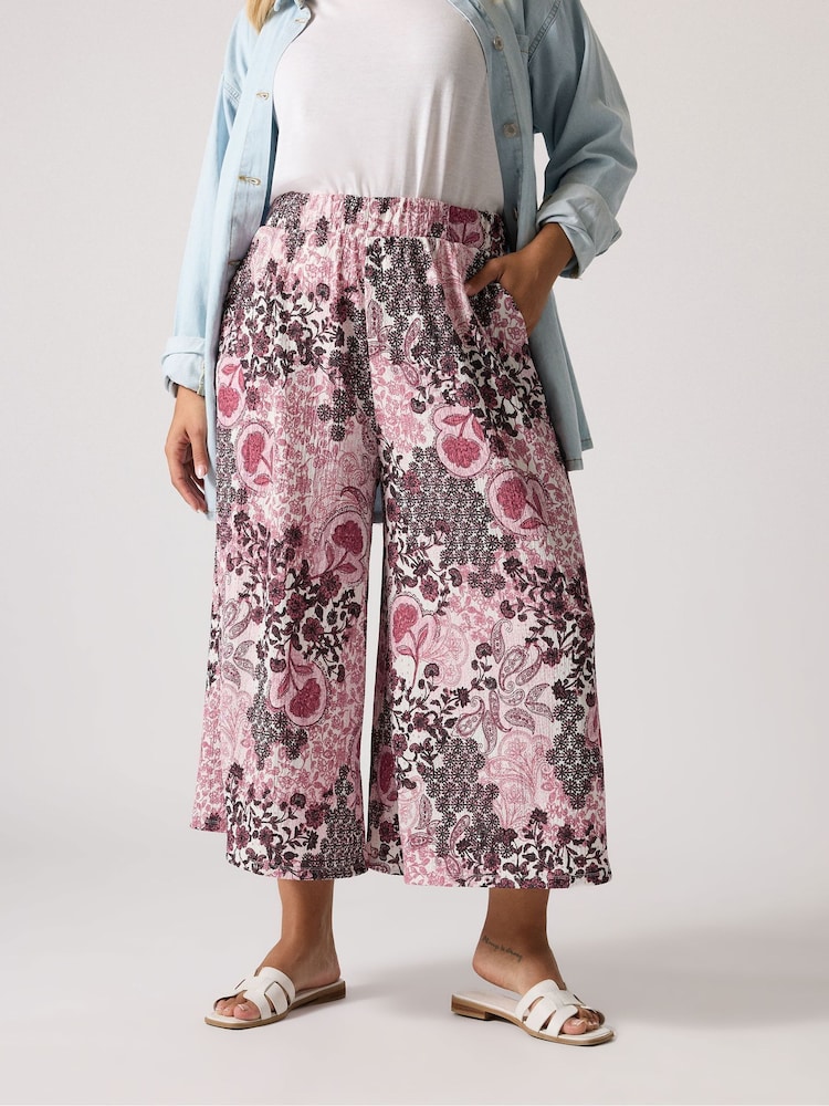 Yours Curve Pink Crinkle Cropped Trousers - Image 1 of 5