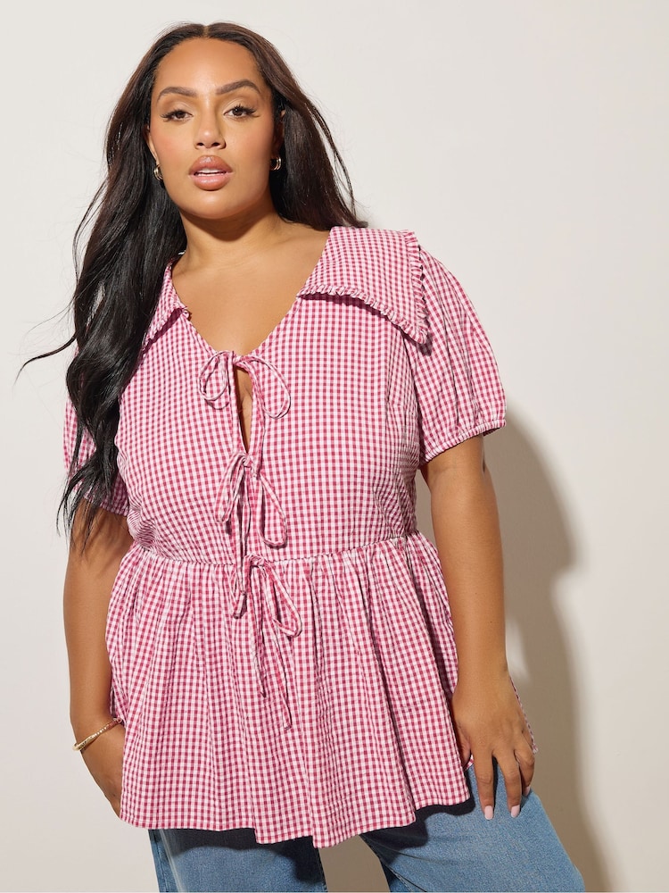 Yours Curve Pink Gingham Collar Blouse - Image 1 of 5