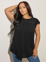 Yours Curve Black Embroidered Crinkle Top - Image 1 of 5