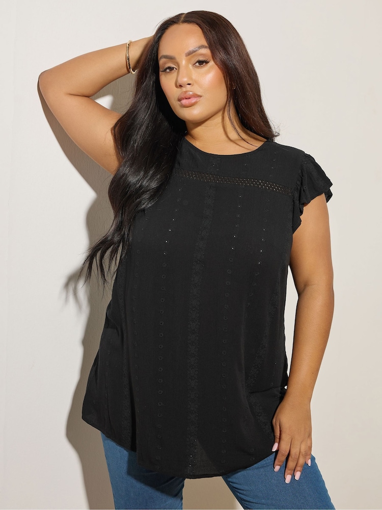 Yours Curve Black Embroidered Crinkle Top - Image 1 of 5