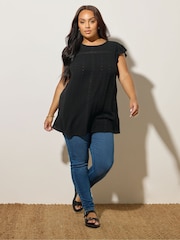 Yours Curve Black Embroidered Crinkle Top - Image 2 of 5