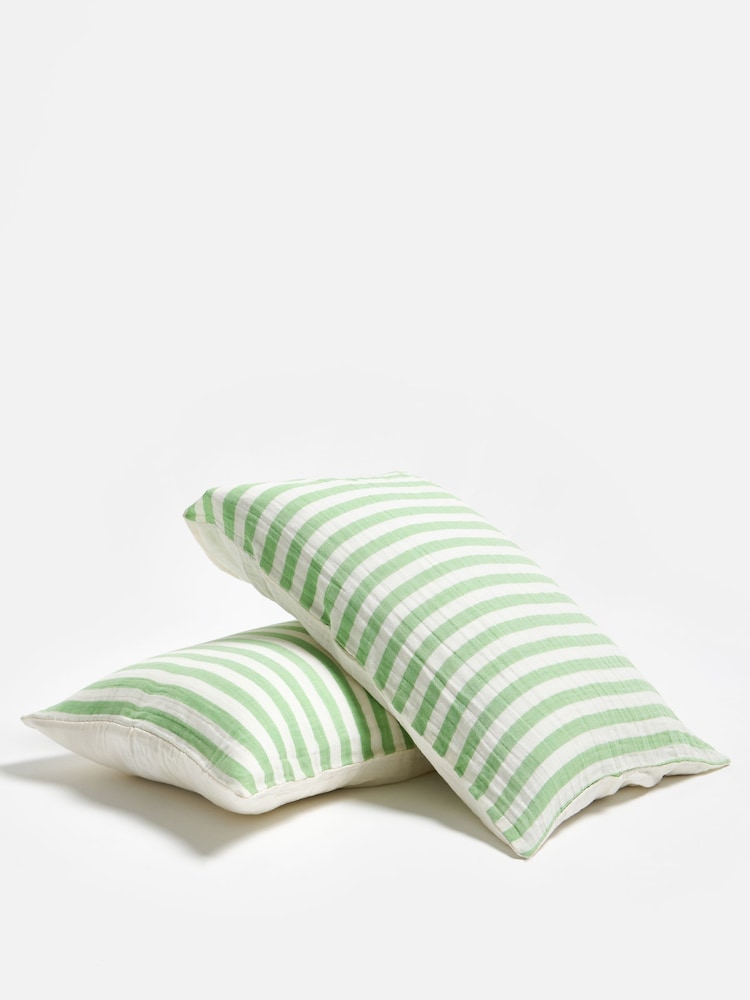 Oliver Bonas Set of 2 Green Stripe Muslin Pillowcases - Image 1 of 5