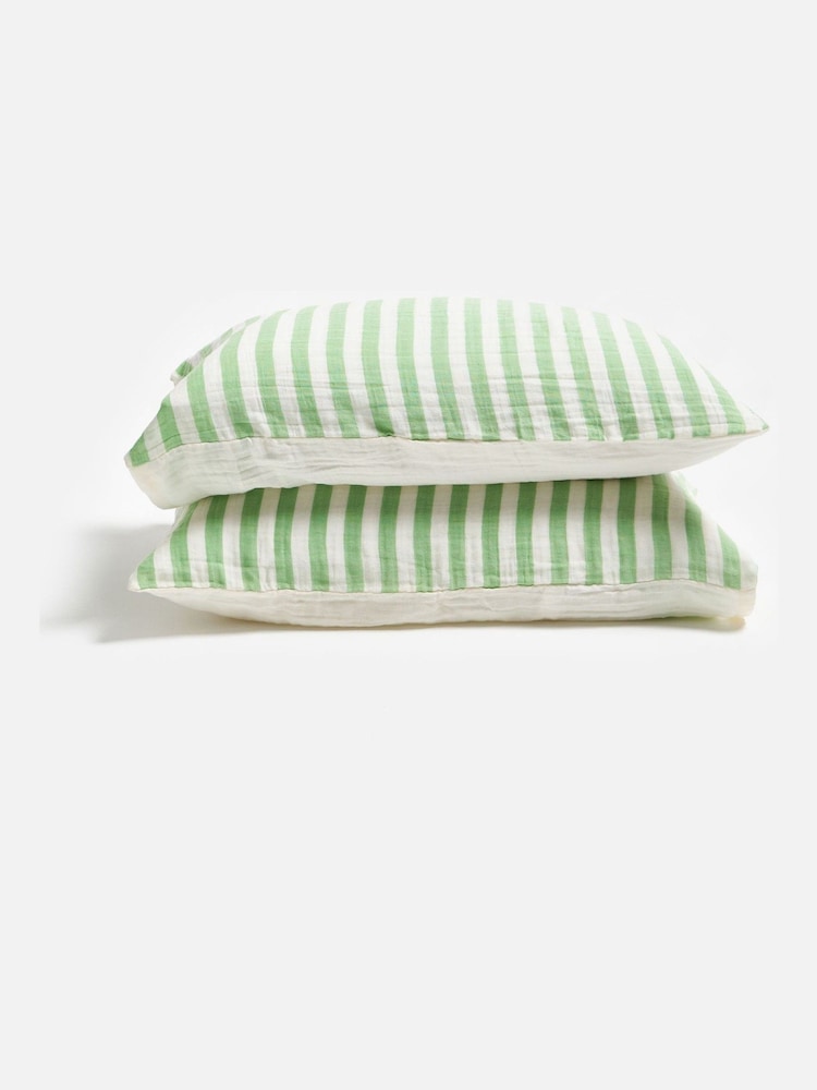 Oliver Bonas Set of 2 Green Stripe Muslin Pillowcases - Image 2 of 5