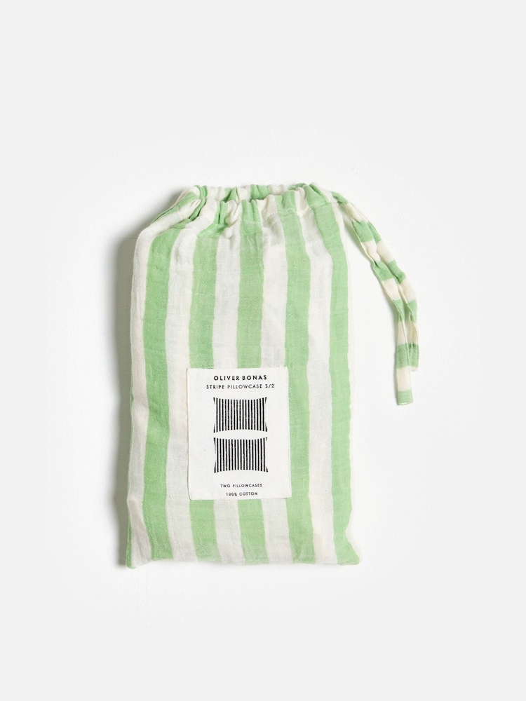 Oliver Bonas Set of 2 Green Stripe Muslin Pillowcases - Image 5 of 5