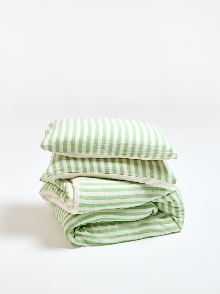 Oliver Bonas Green Stripe Muslin Bedlinen Set Double - Image 6 of 6