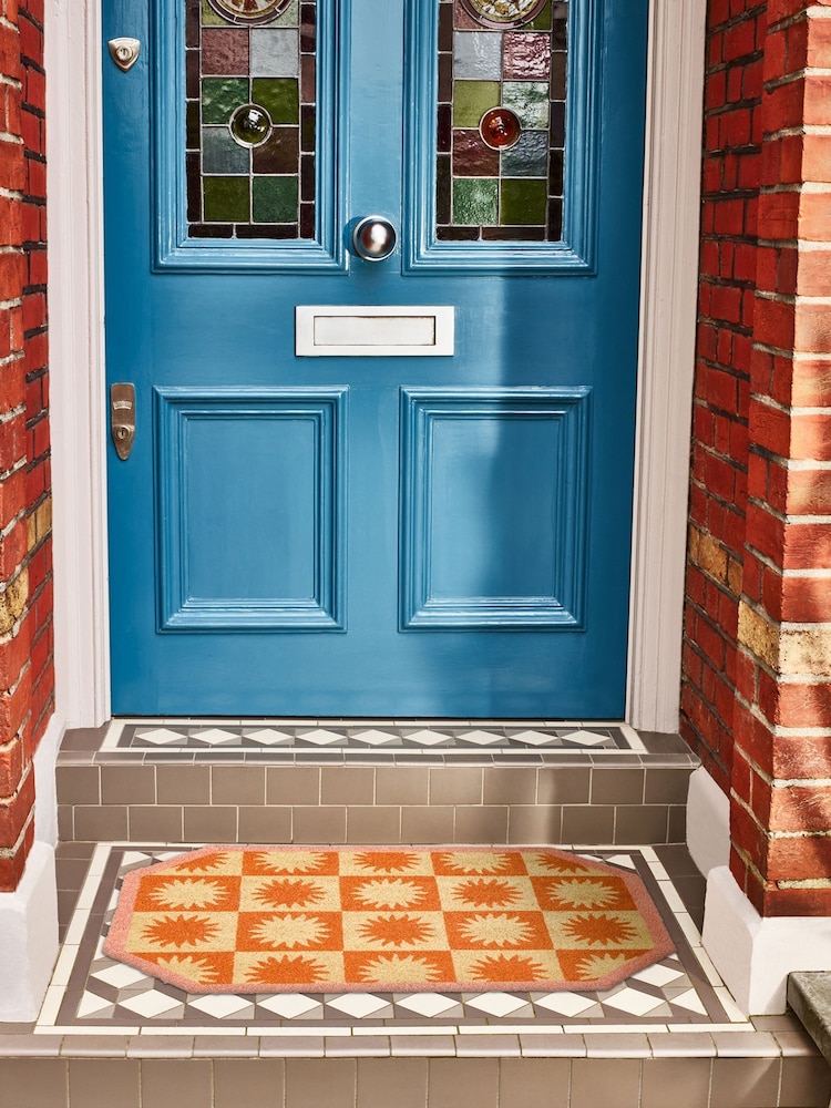 Oliver Bonas Orange Sun Chequerboard Doormat - Image 1 of 4