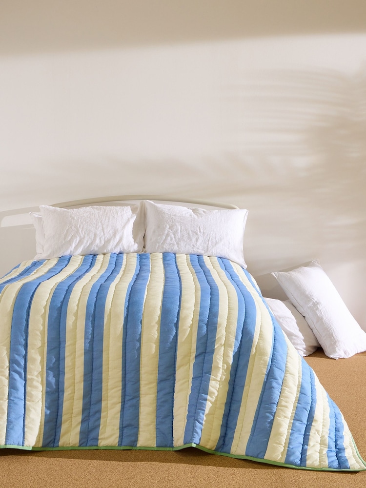 Oliver Bonas Green/Blue Quilted Stripe Bedspread - Image 1 of 6