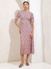 Lipsy Pink Ditsy Floral Print Short Sleeve Jersey Underbust Midi Dress - Image 1 of 4
