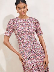 Lipsy Pink Ditsy Floral Print Short Sleeve Jersey Underbust Midi Dress - Image 3 of 4