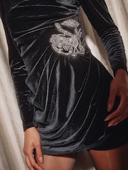 Lipsy Black Petite Velvet Embellished Trim Wrap Long Sleeve Mini Dress - Image 2 of 5