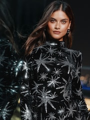 Lipsy Black Petite Sequin Star Velvet Long Sleeve Mini Dress - Image 3 of 5