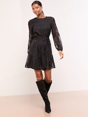 Lipsy Black Petite Mini Long Sleeved Burnout Shift Dress - Image 3 of 5