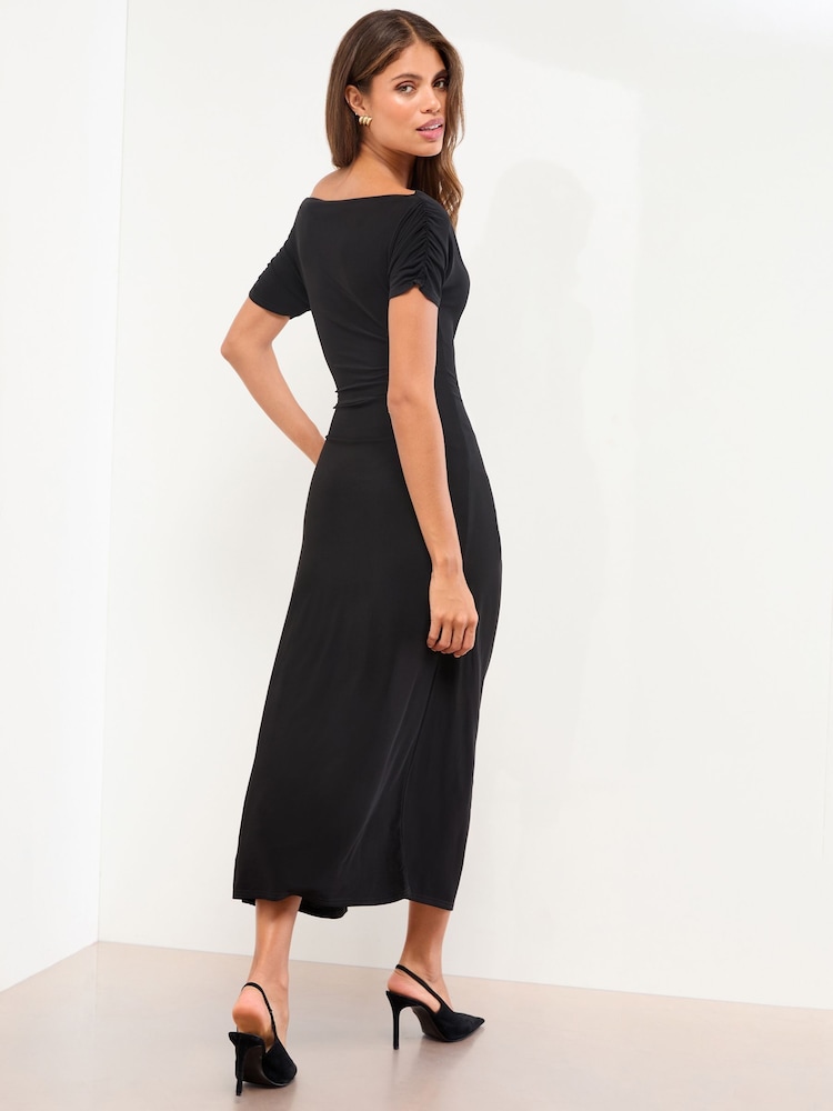 Lipsy Black Slash Neck Jersey Hardware Ruched Midi Dress - Image 4 of 4