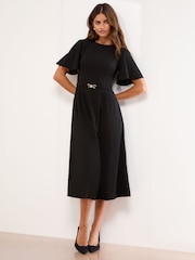 Lipsy Black Snaffle Trim Short Sleeve Fit and Flare Midi Dress - Image 1 of 4