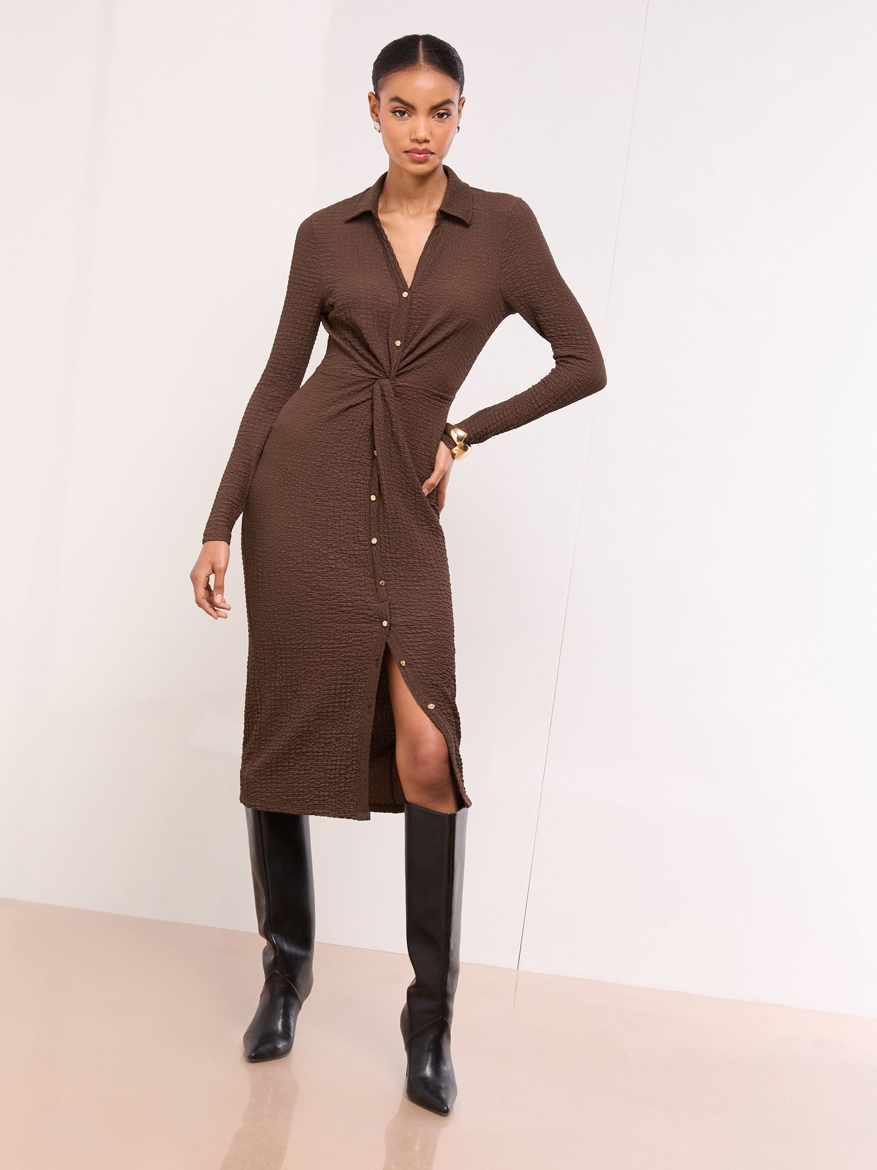 Buy Lipsy Chocolate Brown Textured Jersey Knot Midi Shirt Dress