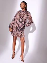 Lipsy Brown Mini Animal Zebra Print Sequin Long Sleeve Shift Dress - Image 1 of 4
