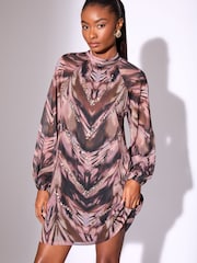 Lipsy Brown Mini Animal Zebra Print Sequin Long Sleeve Shift Dress - Image 3 of 4