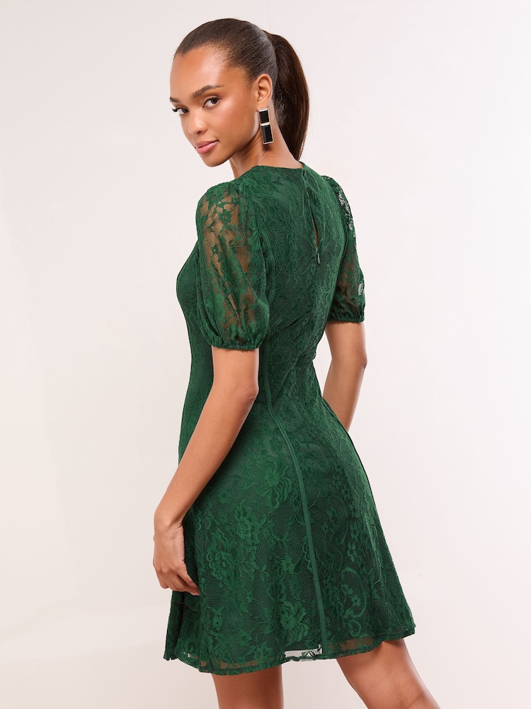 Lipsy Green Mini Lace Short Sleeve Skater Dress - Image 4 of 4