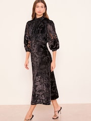 Lipsy Black Devore Velvet Puff Sleeve Midi Dress - Image 1 of 4