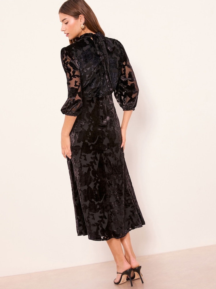 Lipsy Black Devore Velvet Mixed Print Midi Dress - Image 2 of 4 Lipsy Black Devore Velvet Mixed Print Midi Dress - Image 2 of 4