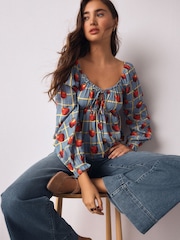 Blue Apple Print Long Sleeve Milkmaid Top - Image 1 of 7